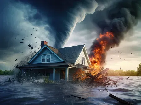 tornado, fire, and flood centered around a house. 