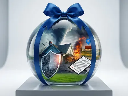A glass sphere wrapped with a blue bow containing a dramatic scene of a house threatened by a tornado and fire, with a digital shield, location pin, and insurance documents symbolizing property risk data, protection, and precise geolocation.