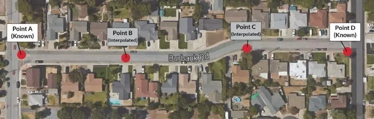Satellite map strip of a neighborhood showing four labeled points
