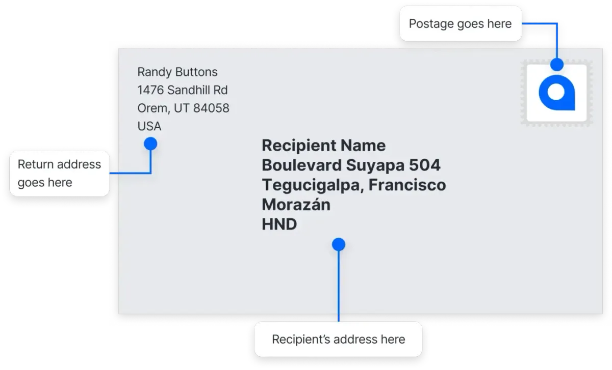 Honduras mailing address format example on an envelope